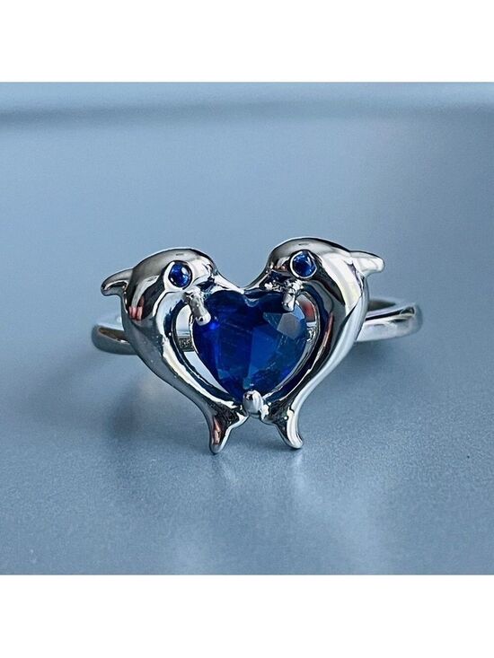Jewelry - Lab Sapphire Heart 2 Dolphins Sterling Silver Ring Beach Ocean Summer